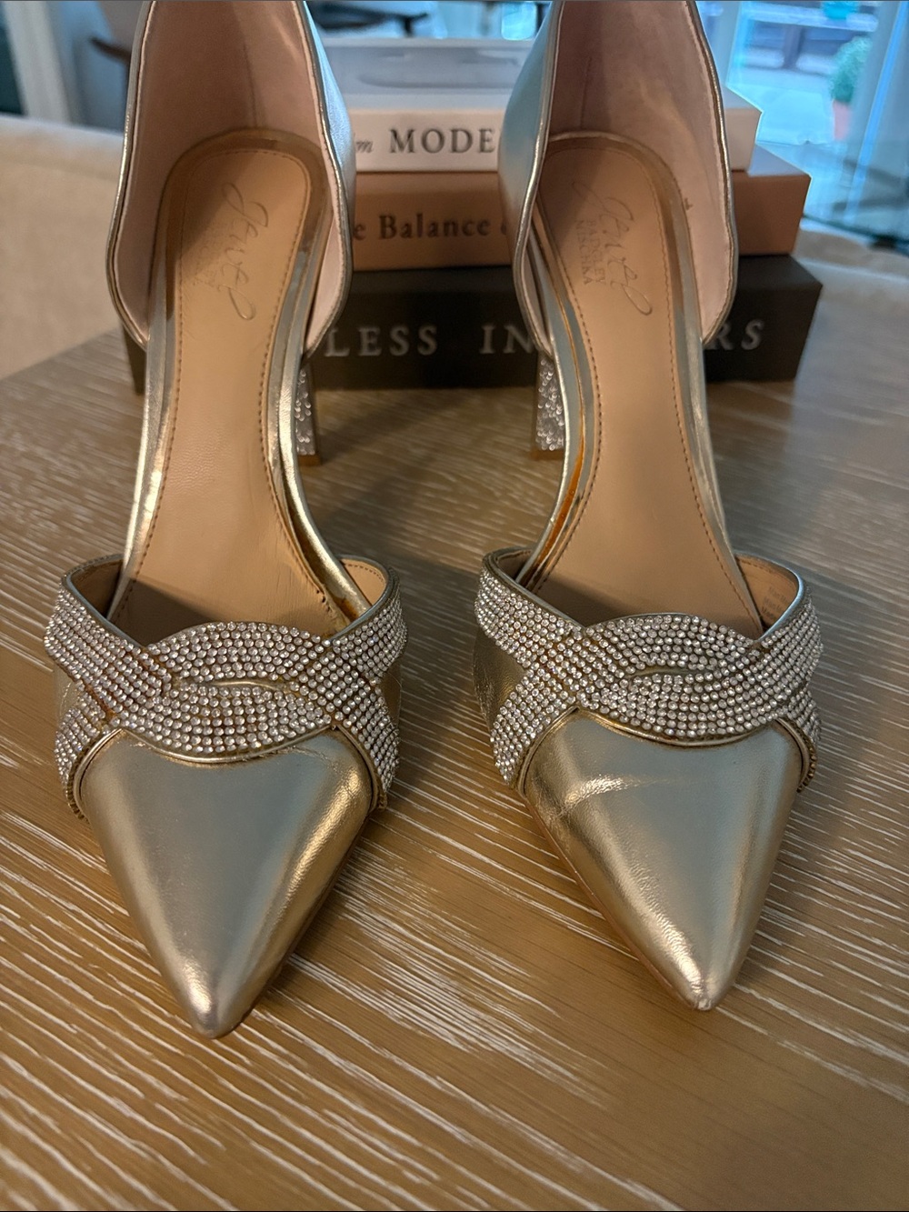Women's Gold Pointed-Toe Heels with Crystal Crossover Strap